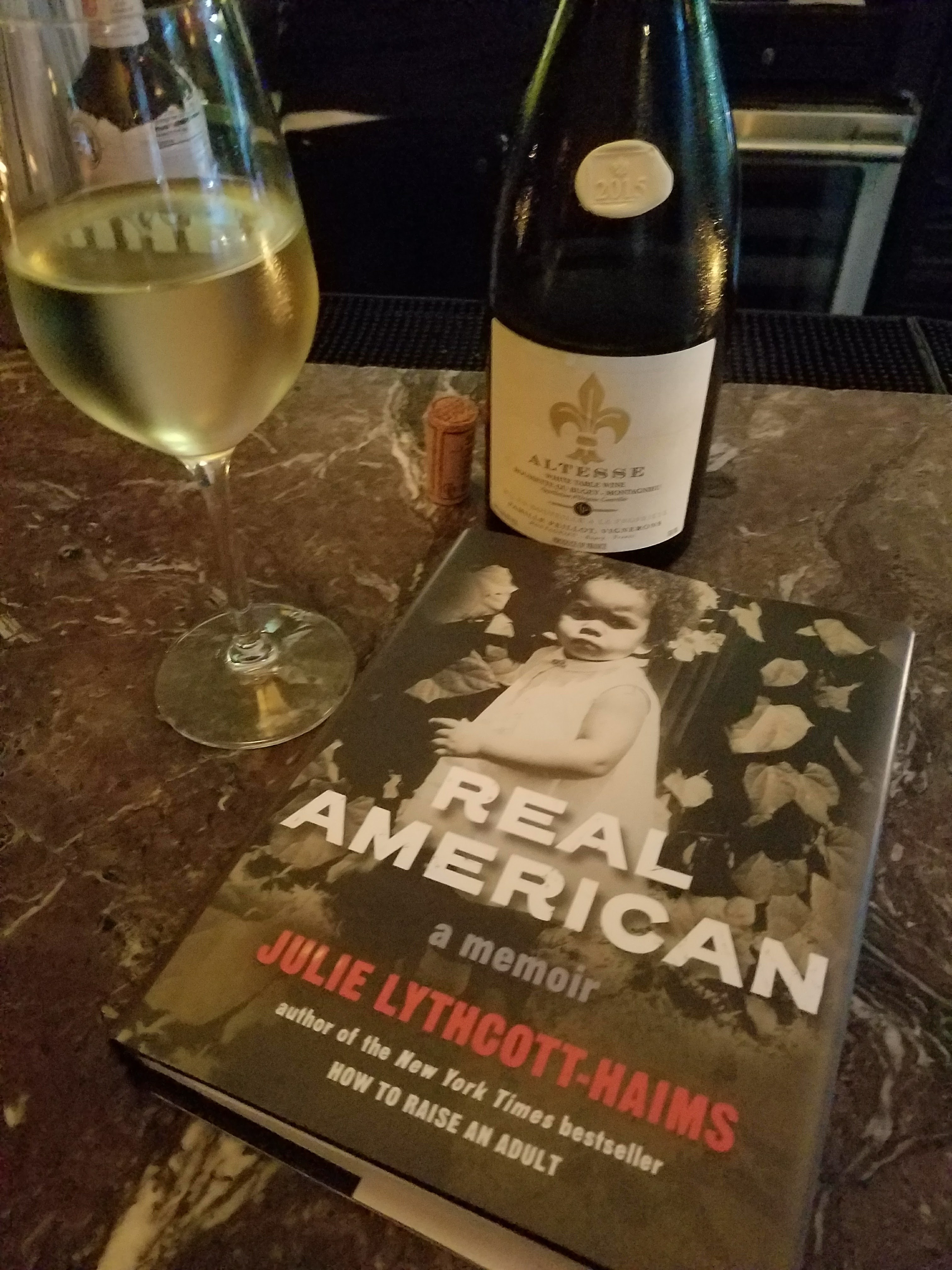 Real American Memoir Book Cover Next to a bottle of Roussette du Bugey, Franck Peillot, 2015