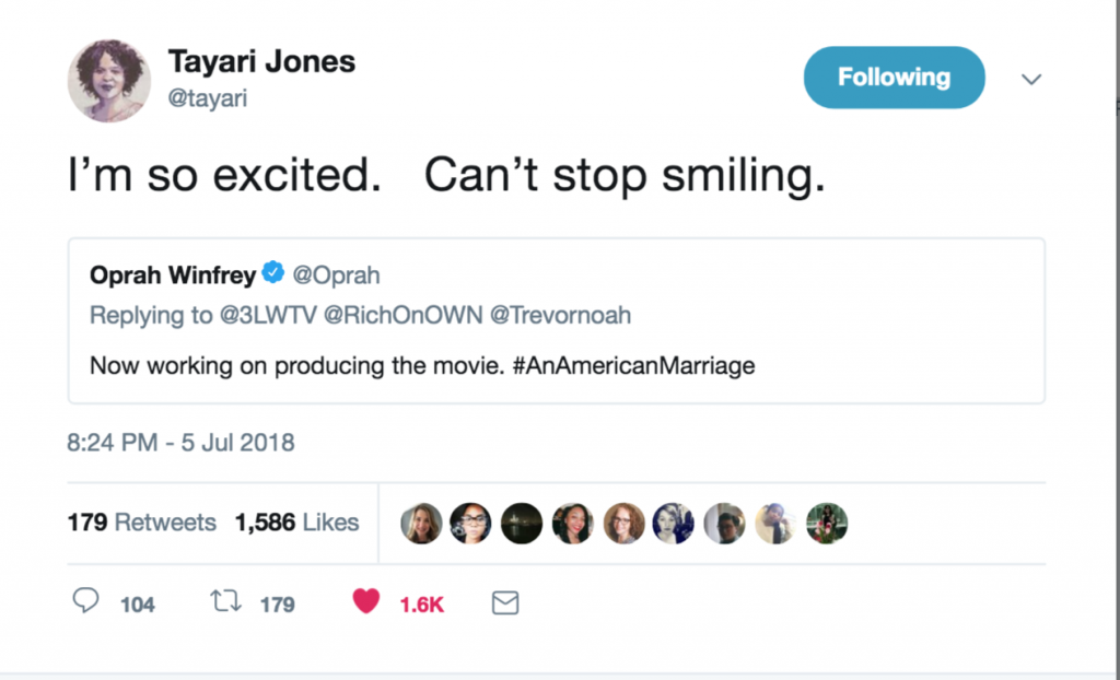 Tayari Jones' tweet in response to Oprah Winfrey making her novel An American Marriage into a movie