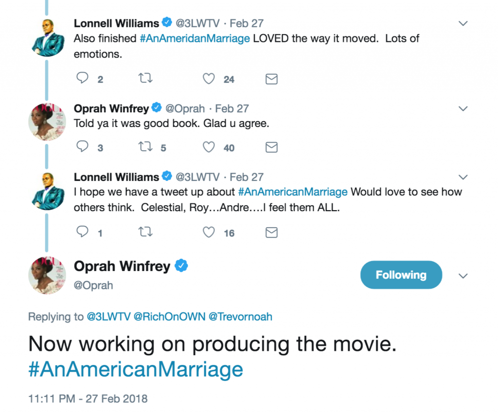 oprah Twitter thread on producing An American Marriage tweet