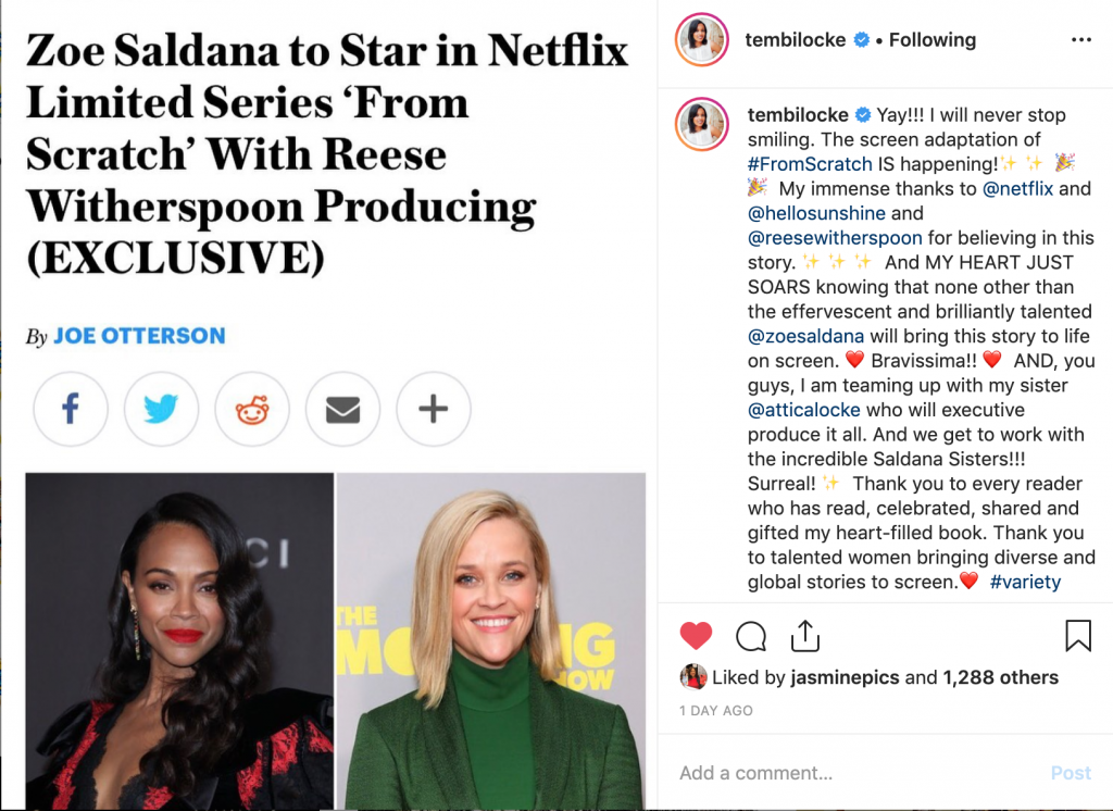 Tembi Locke's Instagram of Zoe Saldana and Reese Witherspoon