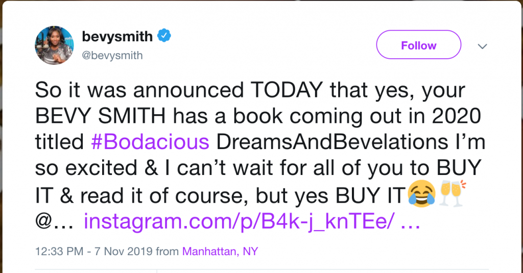 Bevy Smith Book Announcement Tweet