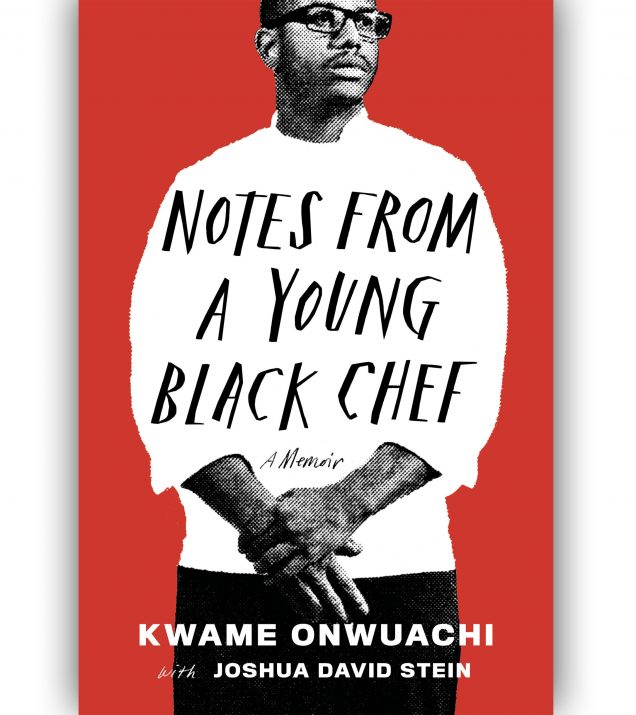 Chef Kwame Onwuachi in white chef coat in front of red background. Notes From A Young Black Chef Book Cover