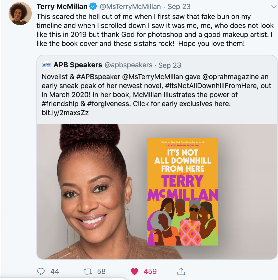 Terry McMillan Tweets It’s Not All Downhill From Here Book Cover Get